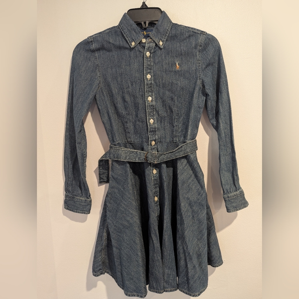Ralph Lauren Girls Denim Belted Long Sleeve Shirt Dress Size 12